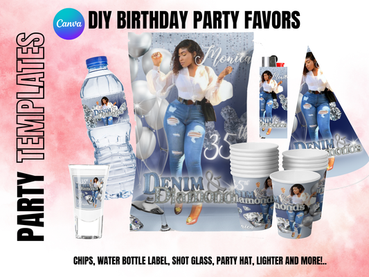 Denim and Diamonds Party Pack – Birthday Invitation, Welcome Sign, Cupcake Toppers & More – Printable Western Glam Party Decor