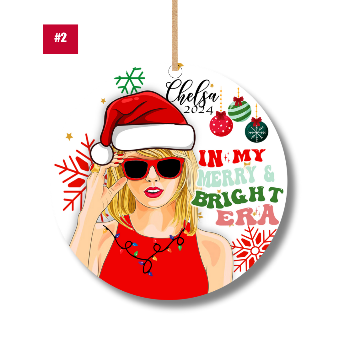Swiftmas ornament with red Santa hat and sunglasses – personalized Swiftie Merry & Bright Era design by XOXOPOP.