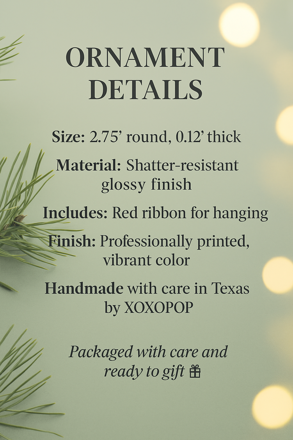 Swiftie personalized ornament specifications – 2.75-inch round, shatter-resistant, glossy finish, includes red ribbon.